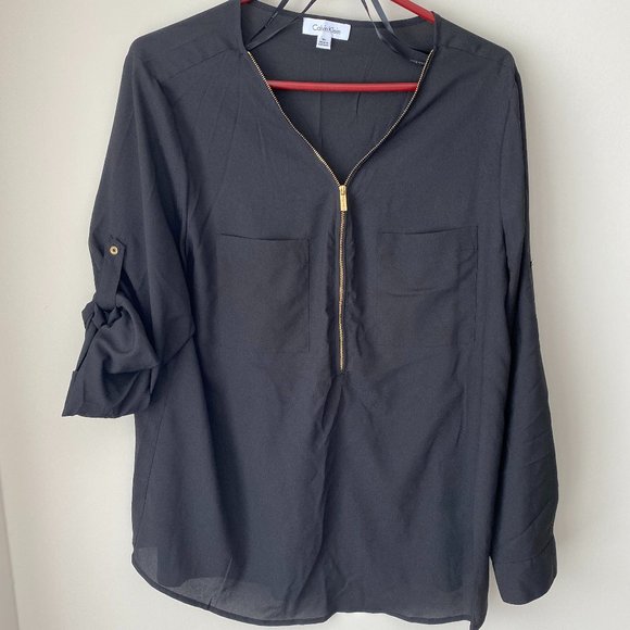 Calvin Klein Tops - Calvin Klein Size XL Black Blouse Gold Zipper long or button sleeve lightweight
